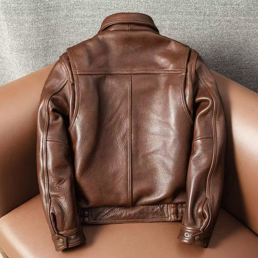 Men's cow leather flight brown motorcycle coat classic winter warm men's jacket A8 - YZ Lether