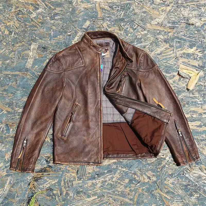 Men's cowhide leather flight black motorcycle coat classic warm men's jacket A99 - YZ Lether