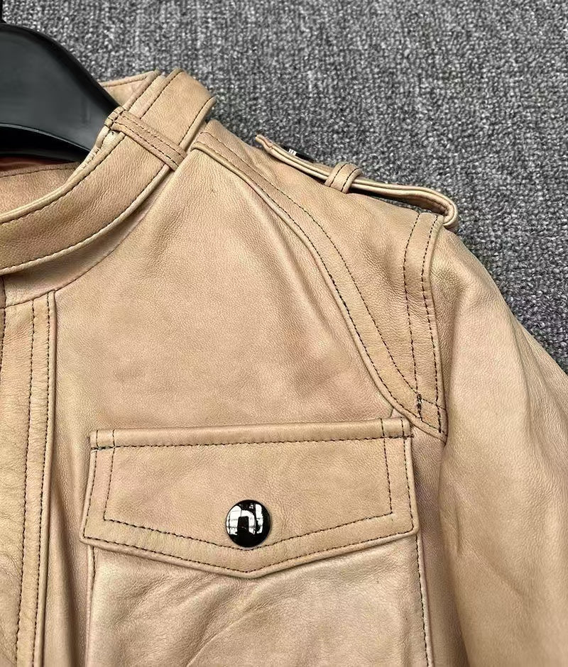 Women's sheep leather beige coat classic motorcycle spring-automn women's cool top - YZ Lether