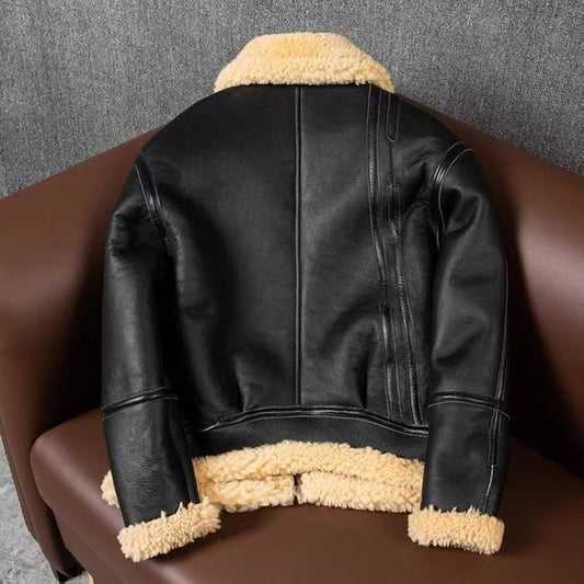 Men's sheep leather flight black motorcycle coat classic winter warm men's jacket A1 - YZ Lether