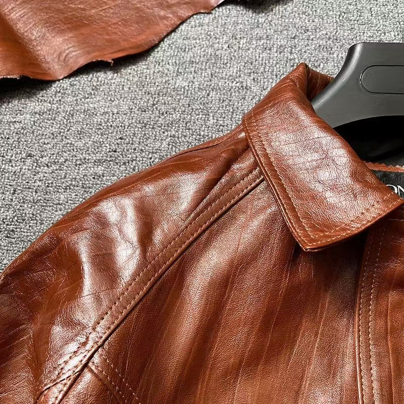 Men's sheep leather texture fancy cool style spring-automn-winter men'brown top - YZ Lether