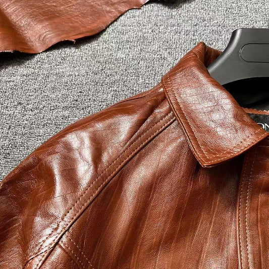 Men's sheep leather texture fancy cool style spring-automn-winter men'brown top - YZ Lether