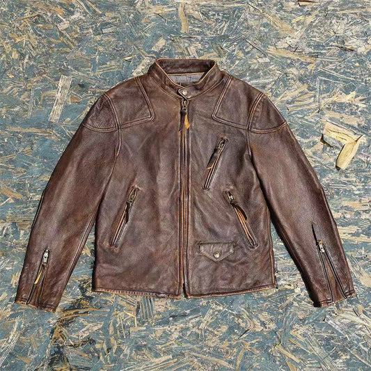 Men's cowhide leather flight black motorcycle coat classic warm men's jacket A99 - YZ Lether