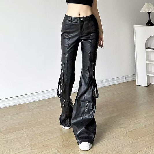 Women's sustainable leather personalized ribbon slim fit motorcycle black flared pantscasual trendy trousers eco-friendly trouser - YZ Lether