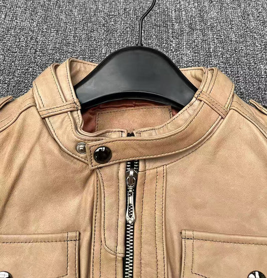 Women's sheep leather beige coat classic motorcycle spring-automn women's cool top - YZ Lether