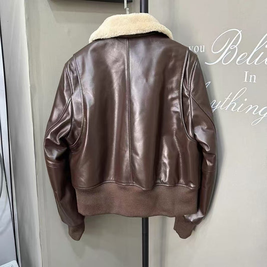 Women's sheep leather coat lamb's wool collar padded biker coat coat classic motorcycle winter women's cool top - YZ Lether