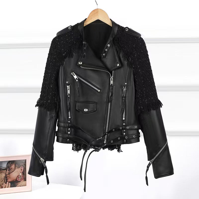 Women's sheep leather black flight jacket coat fabric splicing classic spring-automn women's motorcycle top - YZ Lether