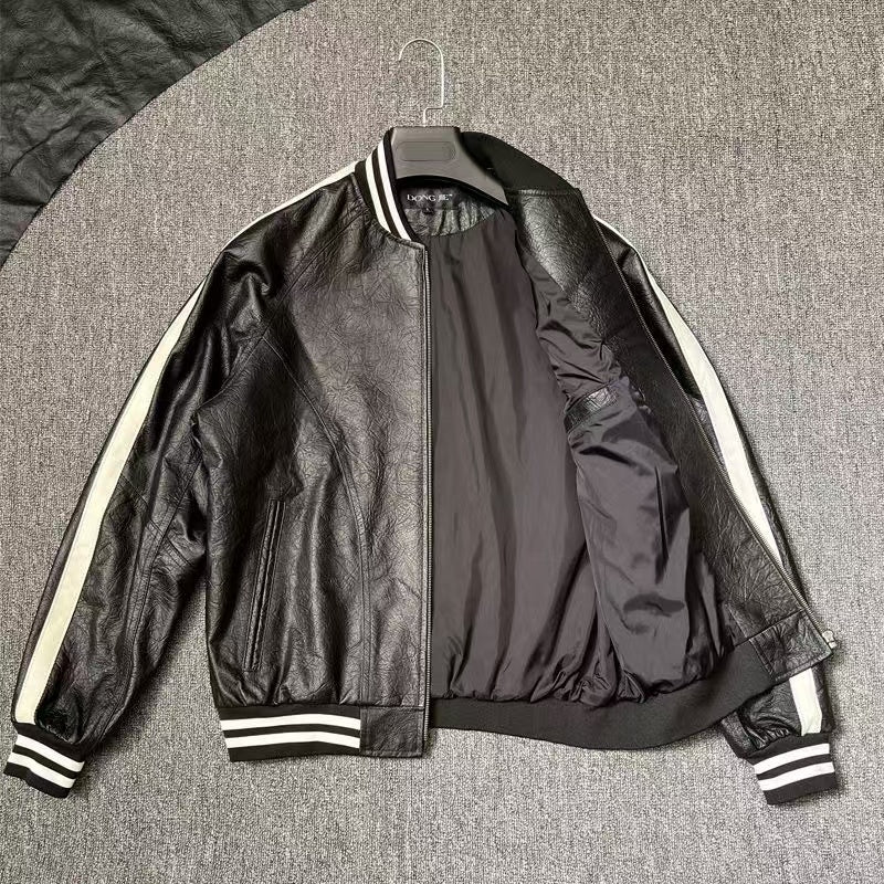 Men's cow leather jacket classic all seasons men's motorcycle cool coat top - YZ Lether