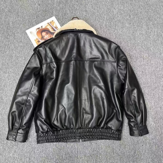 Men's sheep black leather A2 flight coat padded leather jacket winter men's top - YZ Lether