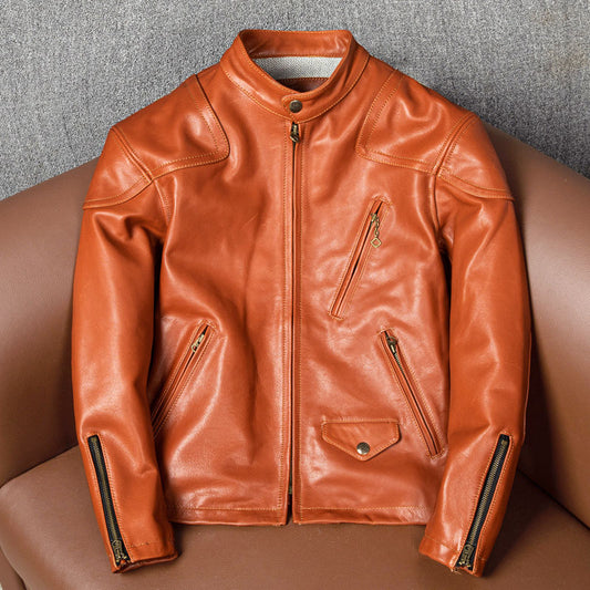 Men's cowhide leather flight yellow motorcycle coat classic warm men's jacket A102 - YZ Lether