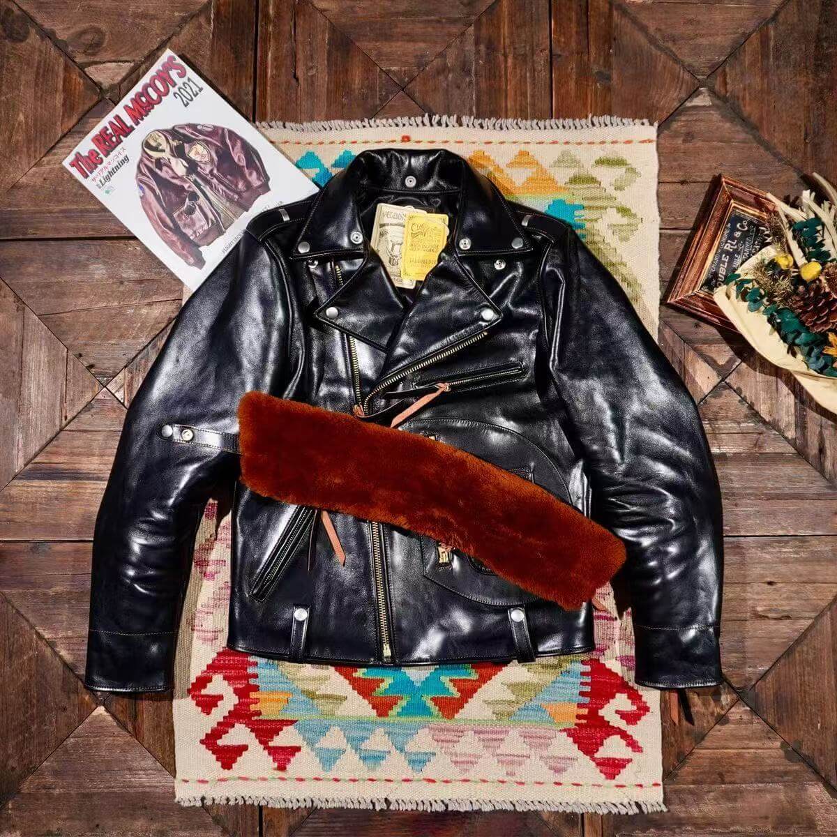 Men's cowhide leather flight black motorcycle coat classic winter warm men's jacket A9 - YZ Lether