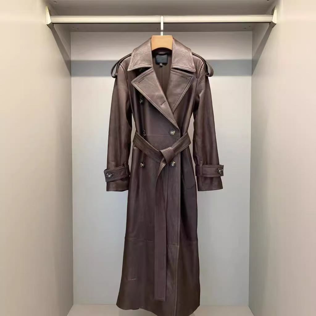 Women's sheep leather black long trench coat classic spring-automn women's casual long cool top 2 - YZ Lether
