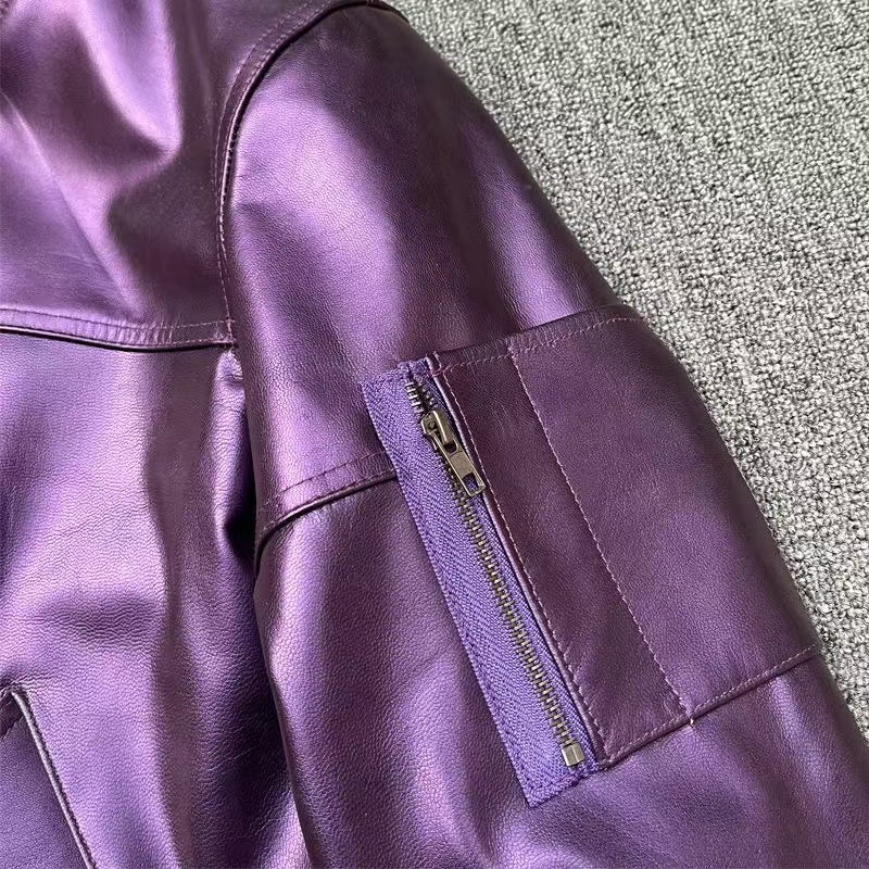 Men's sheep purple leather embroidery baseball coat Patent leather jacket men's top - YZ Lether