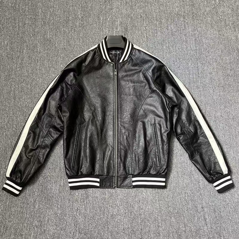 Men's cow leather jacket classic all seasons men's motorcycle cool coat top - YZ Lether