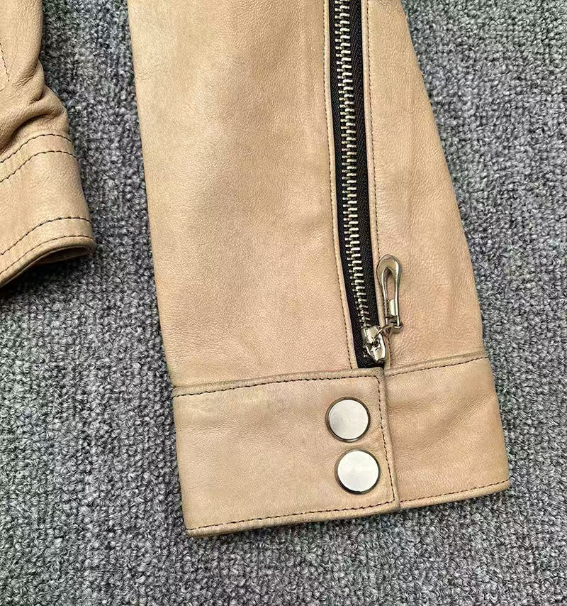 Women's sheep leather beige coat classic motorcycle spring-automn women's cool top - YZ Lether