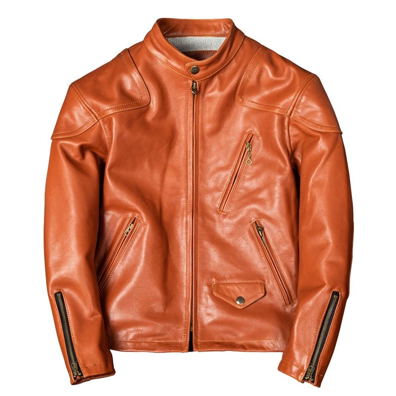 Men's cowhide leather flight yellow motorcycle coat classic warm men's jacket A102 - YZ Lether