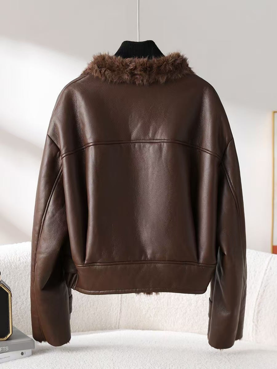 Women's sheep brown leather coat padded leather jacket winter women's top - YZ Lether