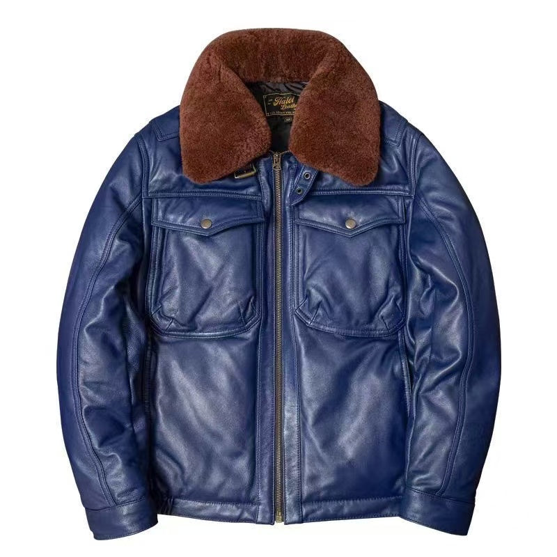 Men's sheep leather flight blue motorcycle coat classic winter warm men's jacket A2 - YZ Lether