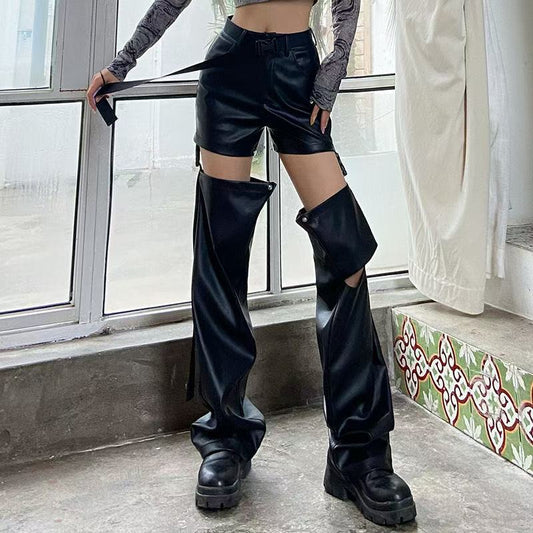 Women's sustainable leather ripped personalized ribbon slim fit motorcycle black flared pantscasual trendy trousers eco-friendly trouser K5 - YZ Lether