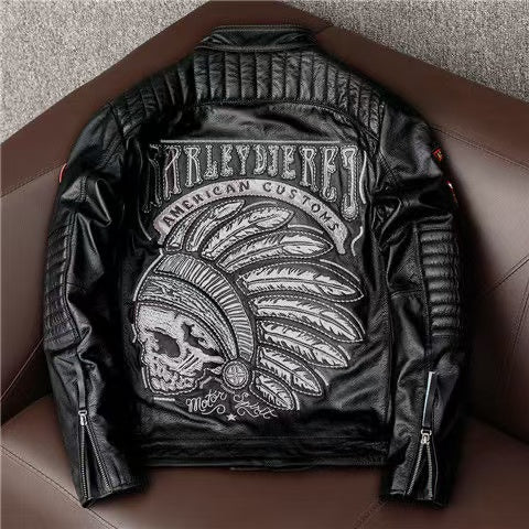Men's sheep leather flight black indian style motorcycle coat classic winter warm men's jacket A6 - YZ Lether