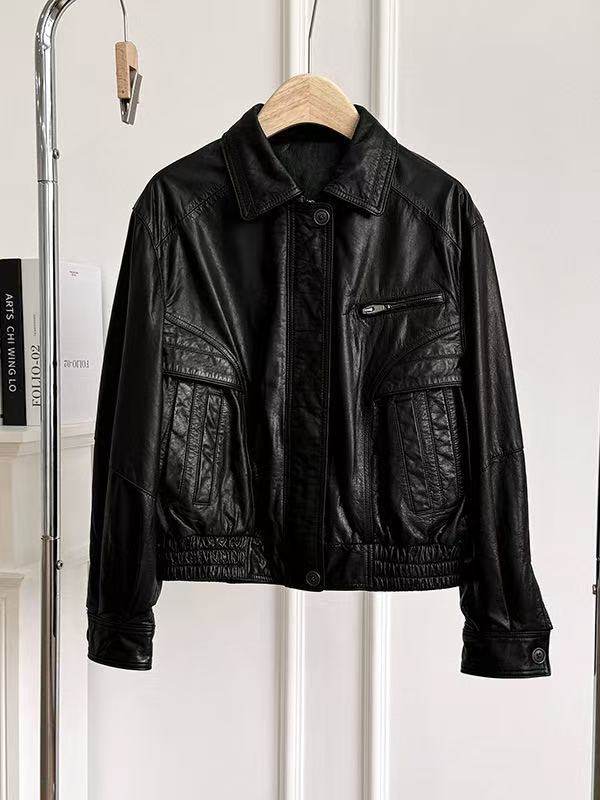 Women's sheep leather black coat classic motorcycle spring-automn women's cool top 3 - YZ Lether