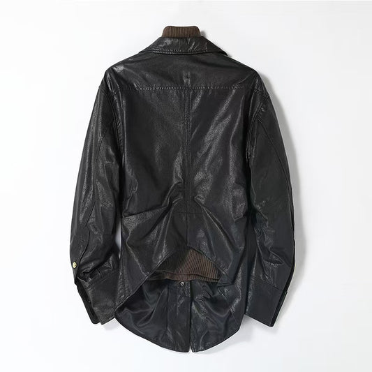 Woman's sheep leather pleated distressed design shirts blouse inner layer classic casual women's top - YZ Lether