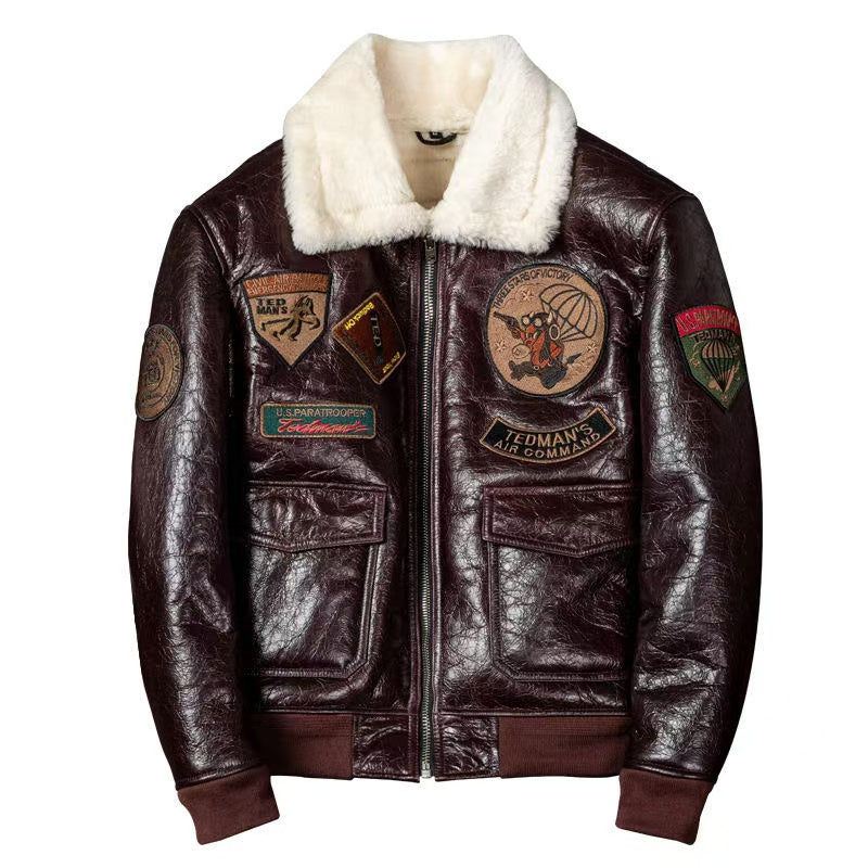 Men's sheep leather flight brown motorcycle coat classic winter warm men's jacket A3 - YZ Lether