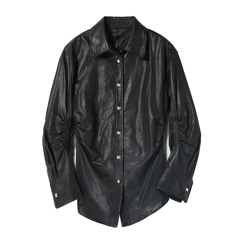 Woman's sheep leather pleated distressed design shirts blouse inner layer classic casual women's top - YZ Lether