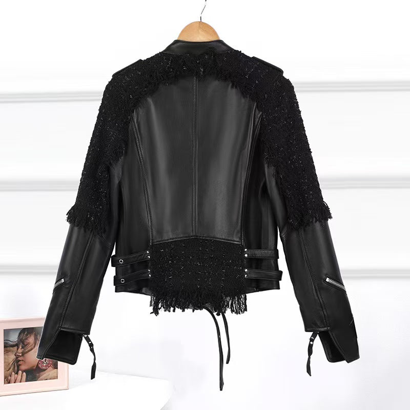 Women's sheep leather black flight jacket coat fabric splicing classic spring-automn women's motorcycle top - YZ Lether
