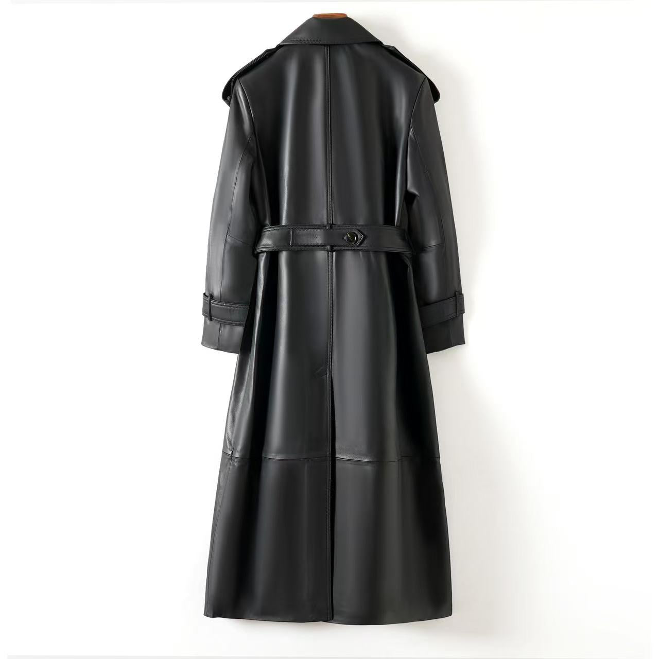 Women's sheep leather black long trench coat classic spring-automn women's casual long cool top 2 - YZ Lether