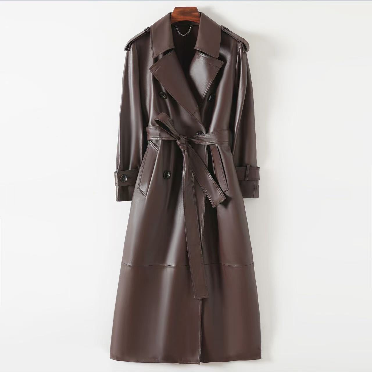 Women's sheep leather black long trench coat classic spring-automn women's casual long cool top 2 - YZ Lether