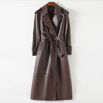 Women's sheep leather black long trench coat classic spring-automn women's casual long cool top 2 - YZ Lether