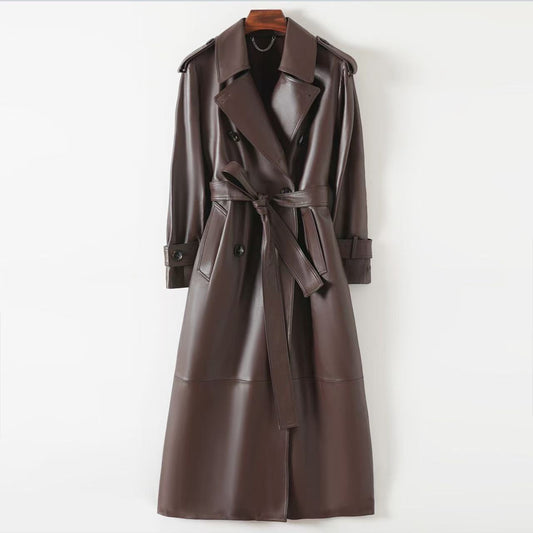 Women's sheep leather black long trench coat classic spring-automn women's casual long cool top 2 - YZ Lether