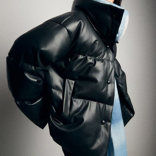 Women's sheep leather coat wool collar padded biker coat coat classic motorcycle winter stand collar warm down jacket - YZ Lether