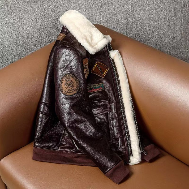 Men's sheep leather flight brown motorcycle coat classic winter warm men's jacket A3 - YZ Lether