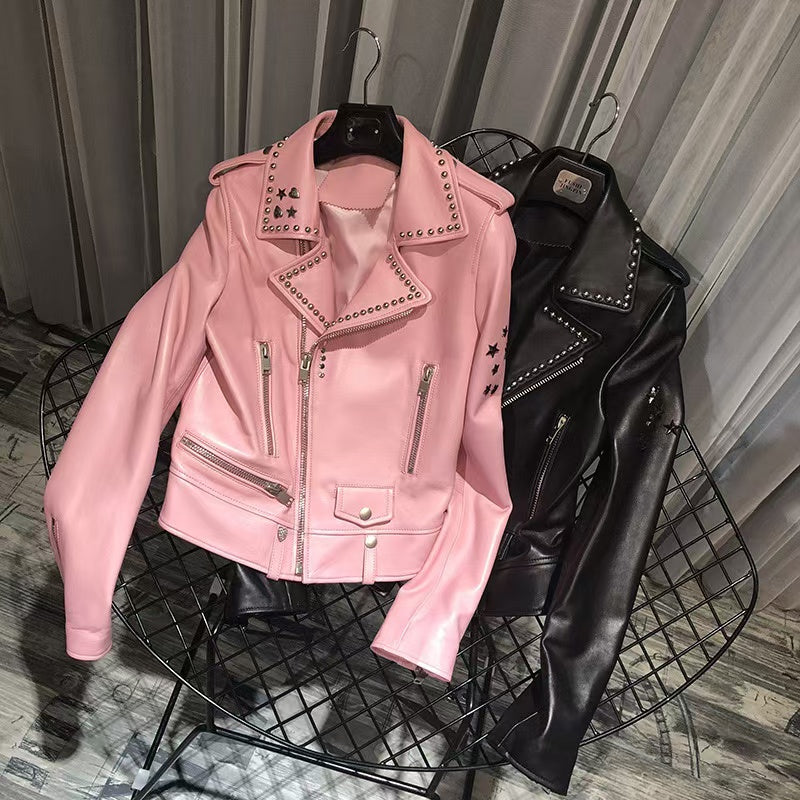 Women's sheep leather Rivet motorcycle style spring-automn women's cool top - YZ Lether