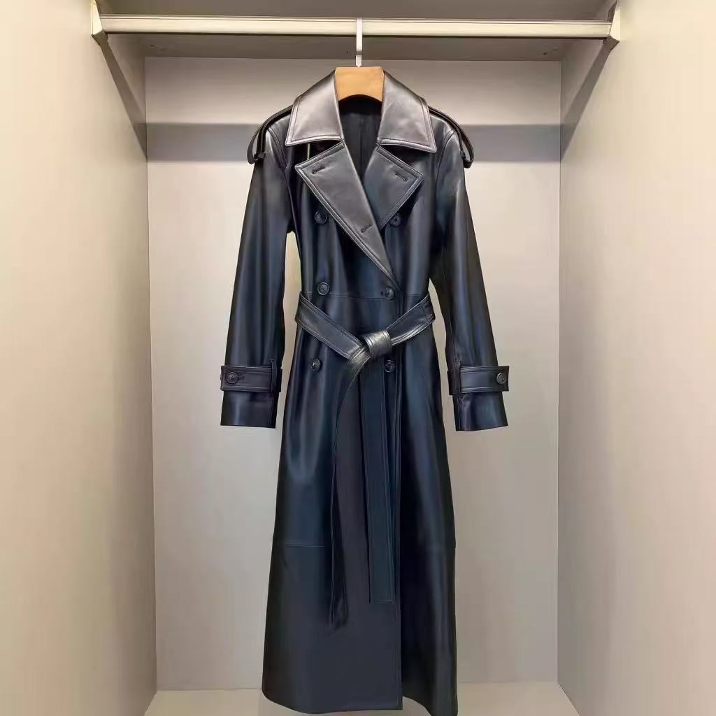 Women's sheep leather black long trench coat classic spring-automn women's casual long cool top 2 - YZ Lether