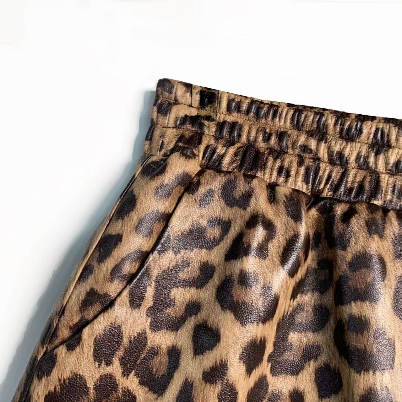 Women's sheep leather leopard print short pants trousers chill spring-automn comfortable pants - YZ Lether