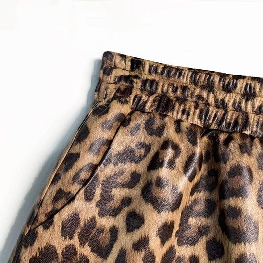 Women's sheep leather leopard print short pants trousers chill spring-automn comfortable pants - YZ Lether