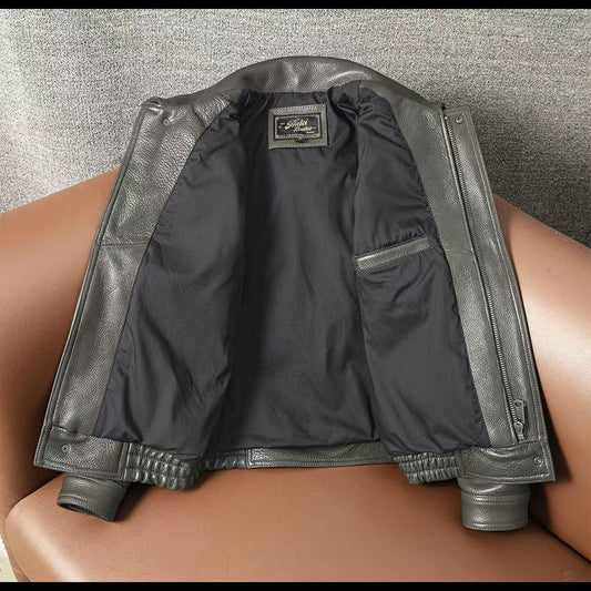 Men's cow leather flight green motorcycle coat classic winter warm men's jacket A9 - YZ Lether