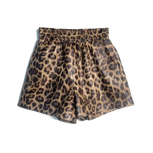 Women's sheep leather leopard print short pants trousers chill spring-automn comfortable pants - YZ Lether
