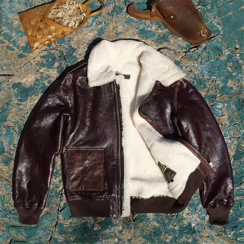 Men's sheep burgundy red leather A2 flight coat padded leather jacket winter men's top - YZ Lether