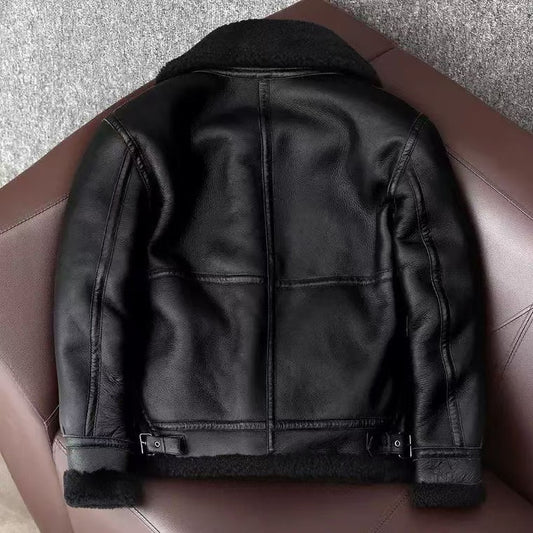 Men's sheep leather flight black motorcycle coat classic winter warm men's jacket - YZ Lether