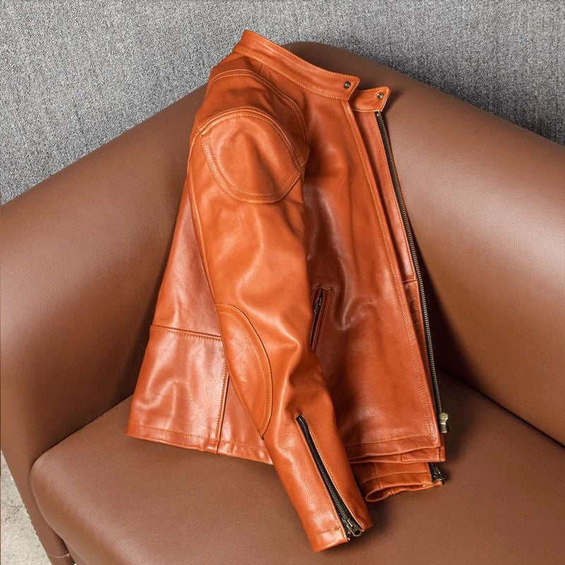Men's cowhide leather flight yellow motorcycle coat classic warm men's jacket A102 - YZ Lether
