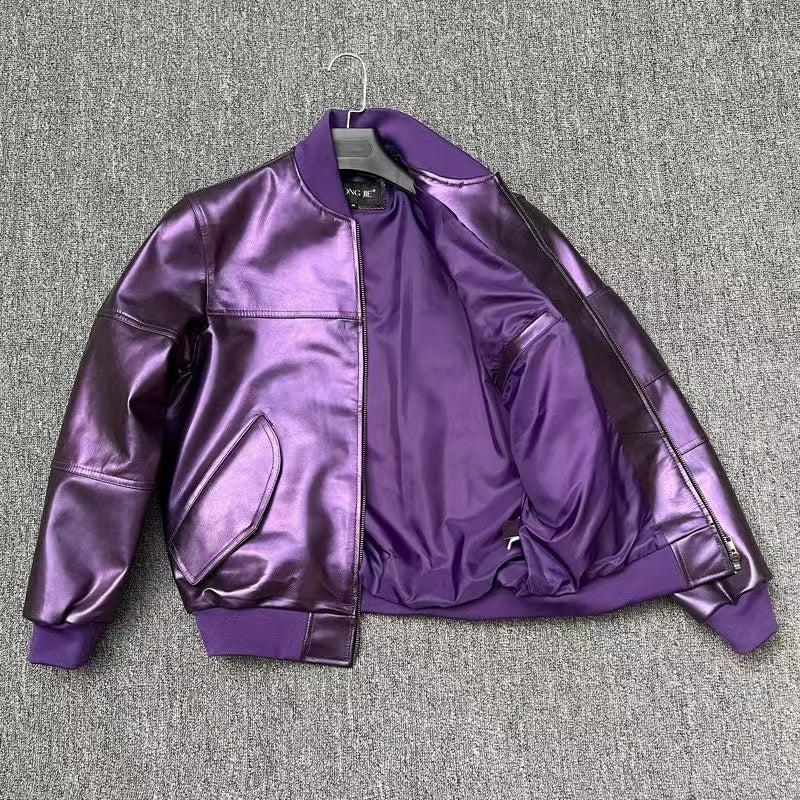 Men's sheep purple leather embroidery baseball coat Patent leather jacket men's top - YZ Lether
