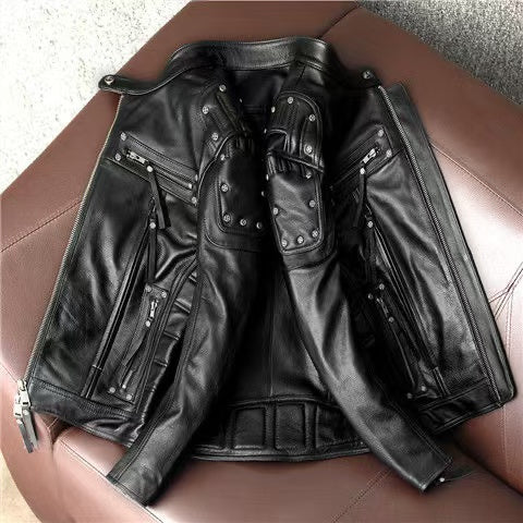 Men's sheep leather flight black motorcycle coat classic winter warm men's jacket - YZ Lether