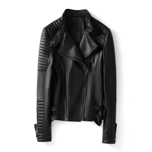 Women's sheep leather black flight jacket coat fabric splicing classic spring-automn women's motorcycle top t2 - YZ Lether