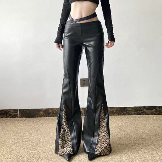 Women's sustainable leather personalized ribbon slim fit motorcycle black flared pantscasual trendy trousers eco-friendly trouser K6 - YZ Lether