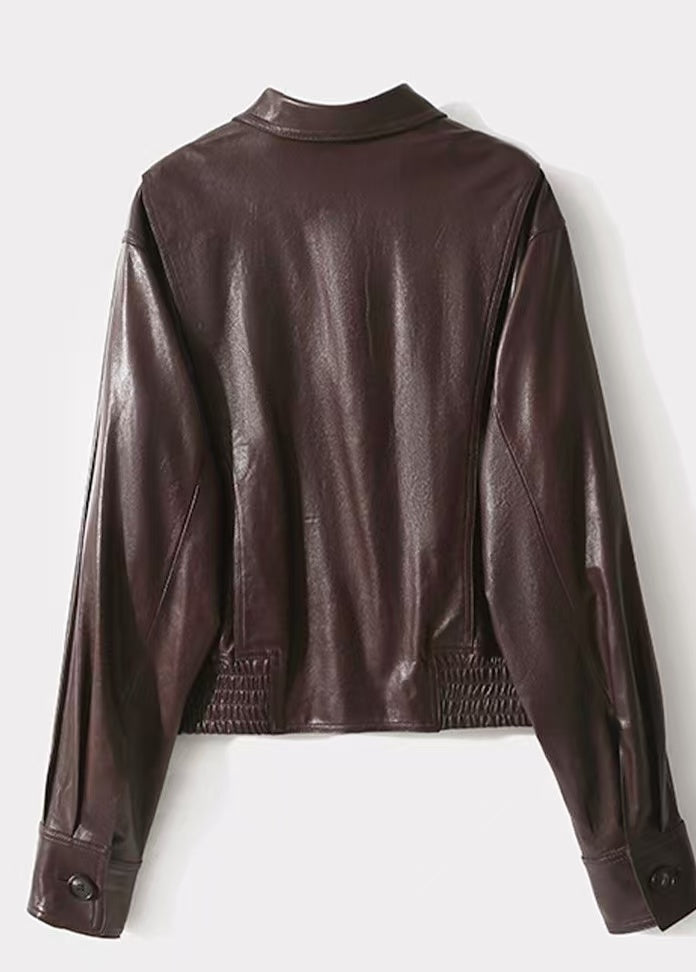 Women's sheep leather dark-brown jacket coat classic spring-automn women's motorcycle top - YZ Lether