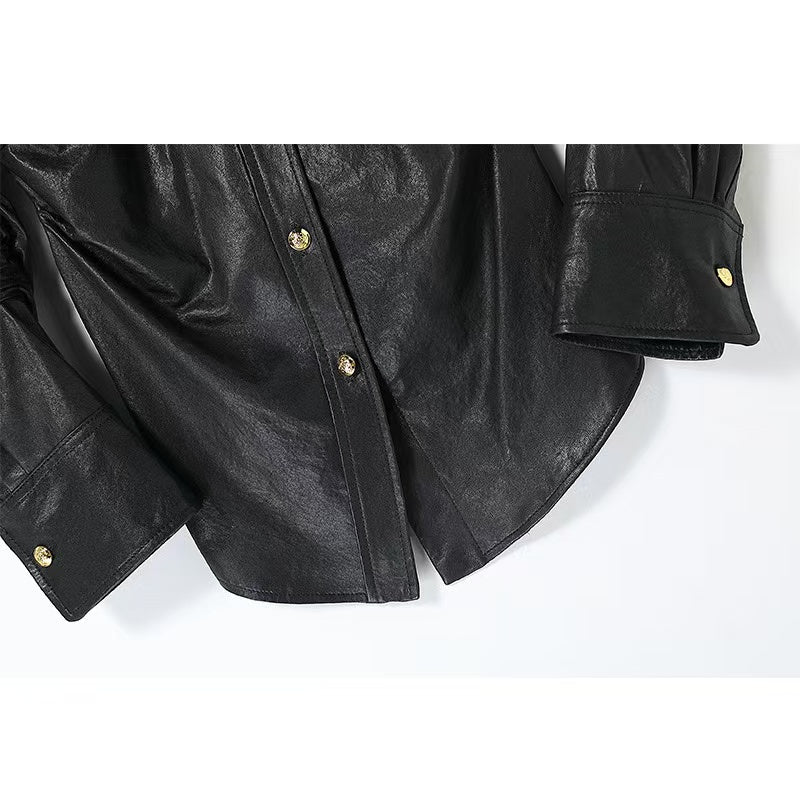 Woman's sheep leather pleated distressed design shirts blouse inner layer classic casual women's top - YZ Lether